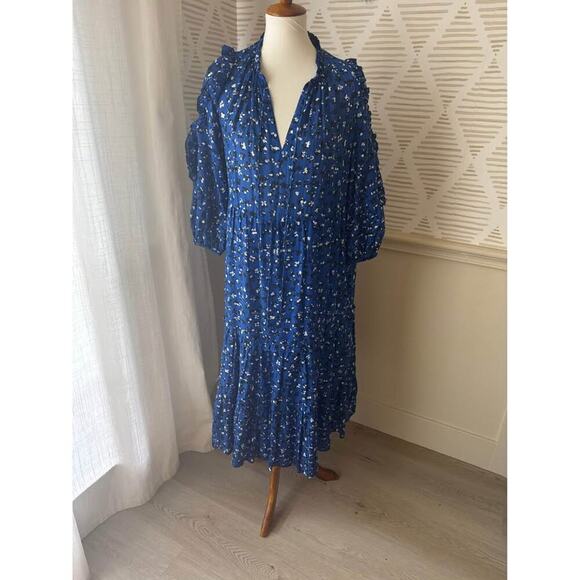 ULLA JOHNSON Women’s Size 2 Silk Blue & Multicolour Floral Ruffled Midi Dress - Picture 2 of 10